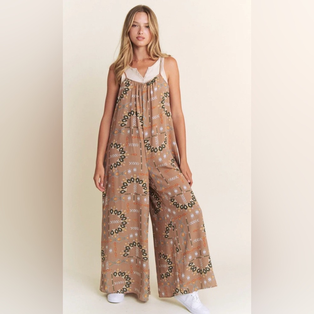 Jade By Jane Boho Aztec Print Wide Leg Sleeveless Jumpsuit in Tan With Pockets